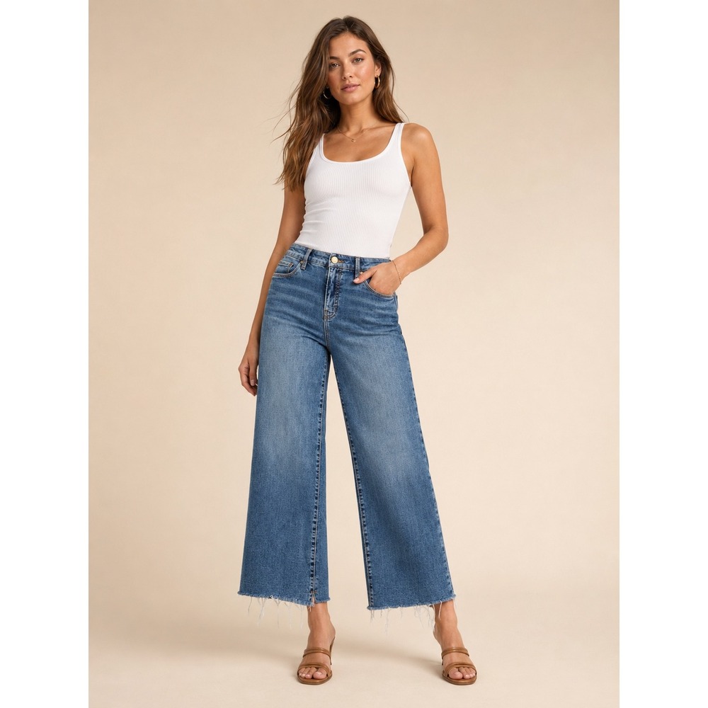 Kut from the Kloth Meg Fab Ab Wide Leg High Rise Raw Hem Jeans Blue Size 6